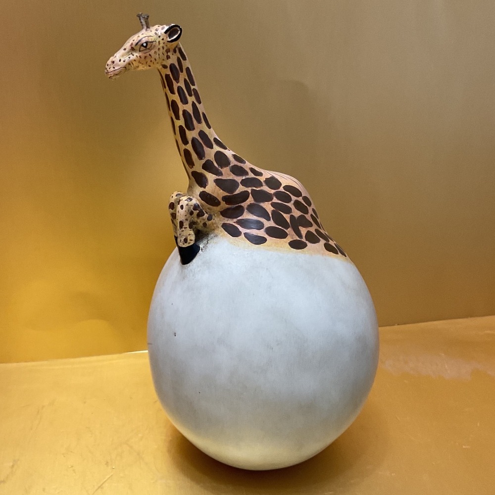 Vintage Hand Painted Giraffe Gourd Art Sculpture Figurine Safari Decor 9 Inch